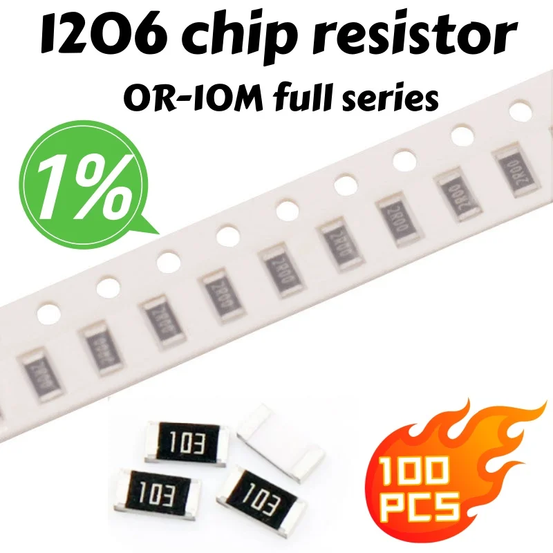 Lote de 100 Resistencias SMD de Alta Precisión 1206 1% 0 1 10 100 220 330 1K 2.2K 27K 33K 82K 150K Ohm 3K3 5K6 6K8 4R7 1/4W