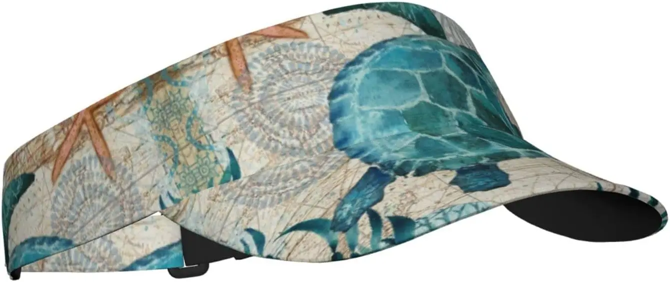 Blue Sea Turtle Nautical Map Pattern Sunscreen Visor Hats for Women & Men, Sport Empty Top Baseball Sun Cap, Tennis Visor