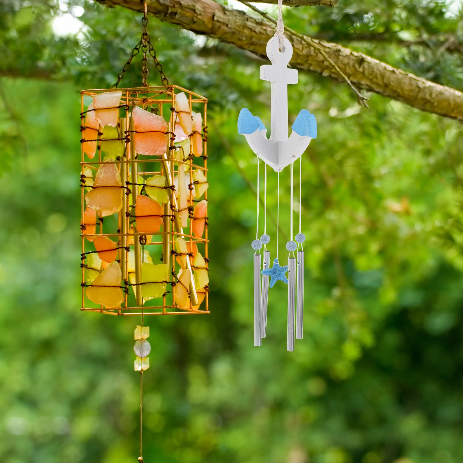 

Wooden Anchor Hanging Wind Chimes Nautical Coastal Mediterranean Style Metal Tube Ornament Beach Wall Decor for Porch Garden