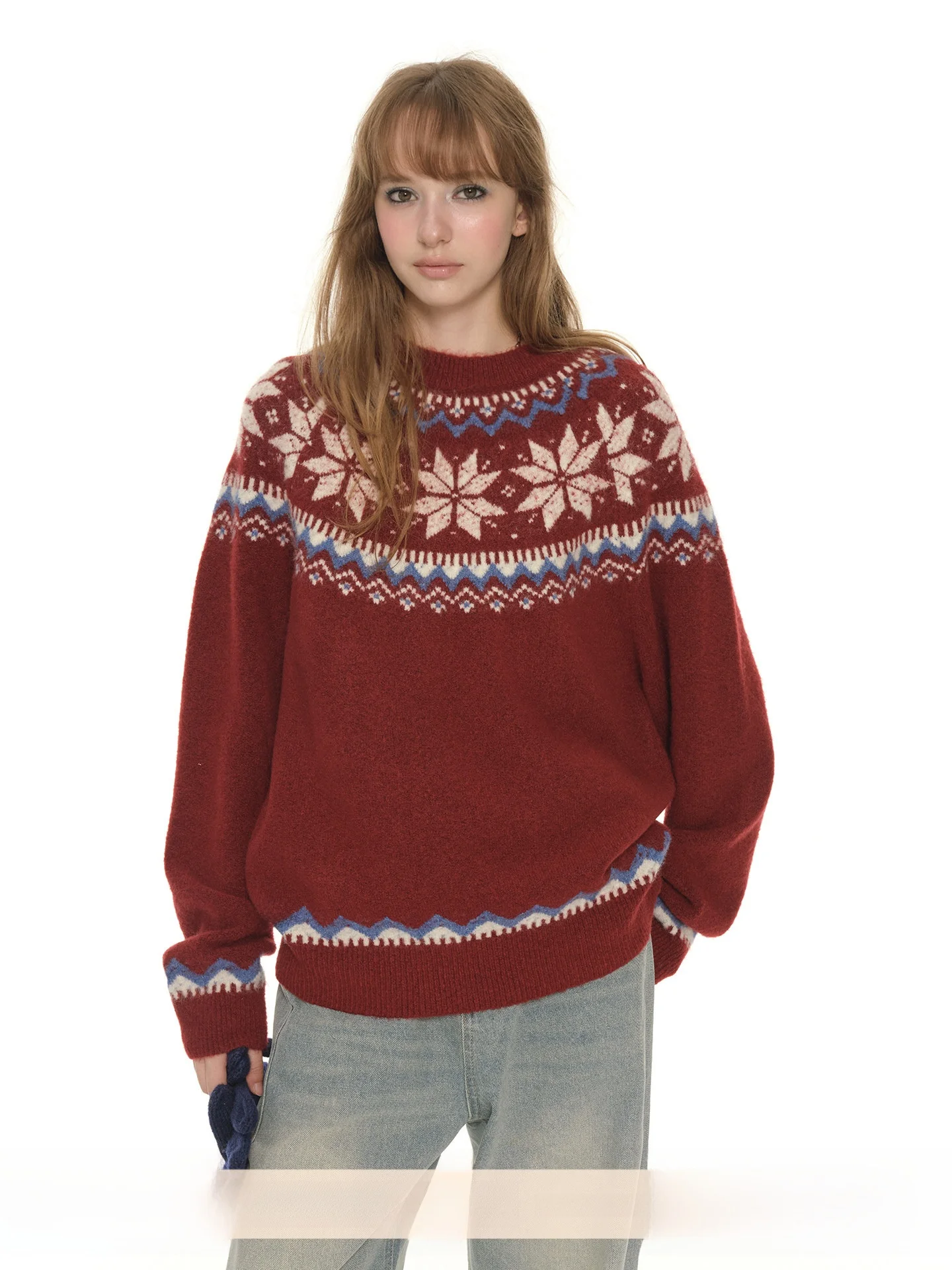 

UNRETRO Vintage Red Knitted Sweater Women's Autumn Winter Loose Heavy Embroidery round Ne Inner Wear Fce Island Sle