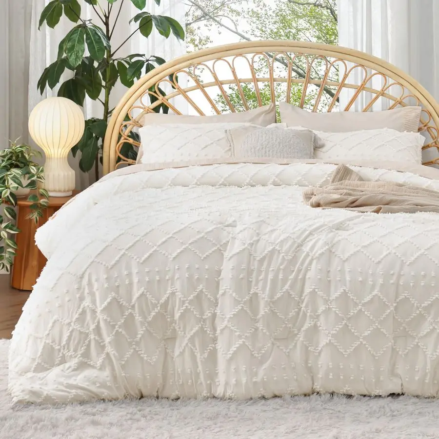

Full Comforter Set Ivory Comforter, Boho Tufted Shabby Chic Bedding for Kids, 3 Pieces Vintage Farmhouse Bed Set for All Seasons
