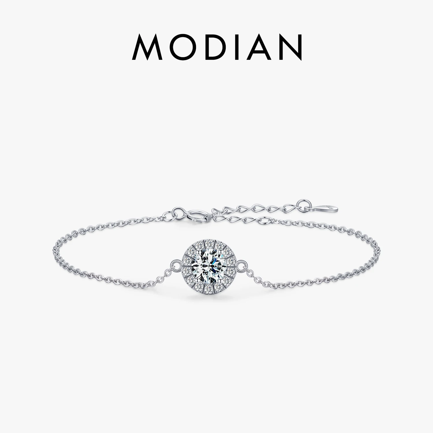 MODIAN Pure 925 Sterling Silver Luxury 1.0Ct Sparkling Clear CZ Link Chain Charm Bracelet For Women Wedding Engagement Jewelry