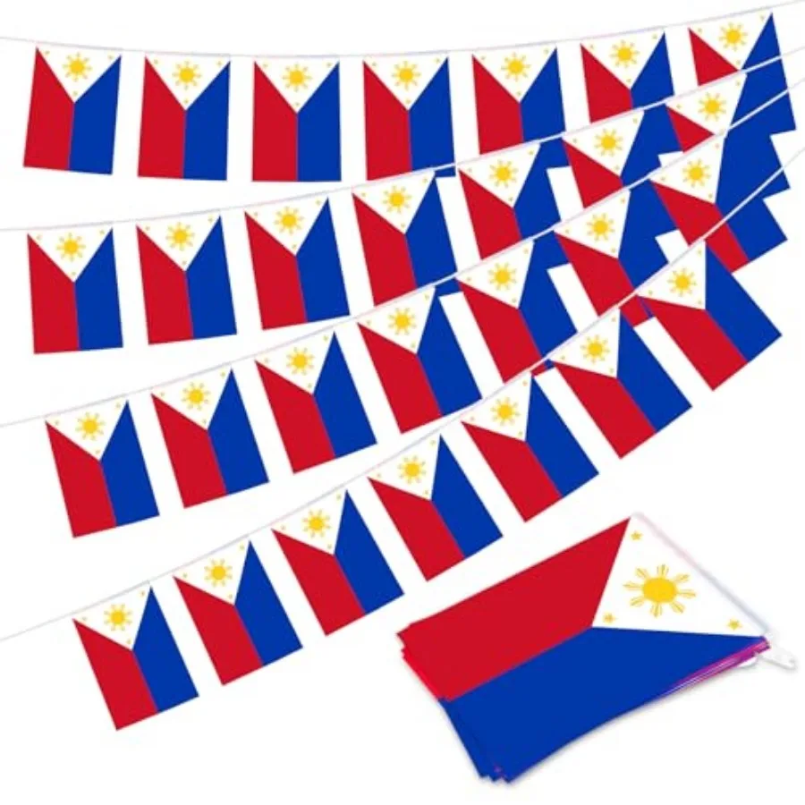 

32.8 ft Philippines Flag Banner, 30 Pcs Mini Filipino Country String Flags, Blue Red Yellow White PH Bunting for Philippine Ind