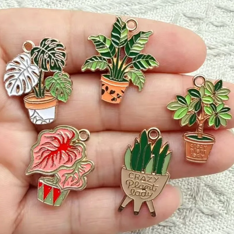 10pcs Pot Plant Charm for Jewelry Making Enamel Pendant Diy Accessories Zinc Alloy Gold Plated
