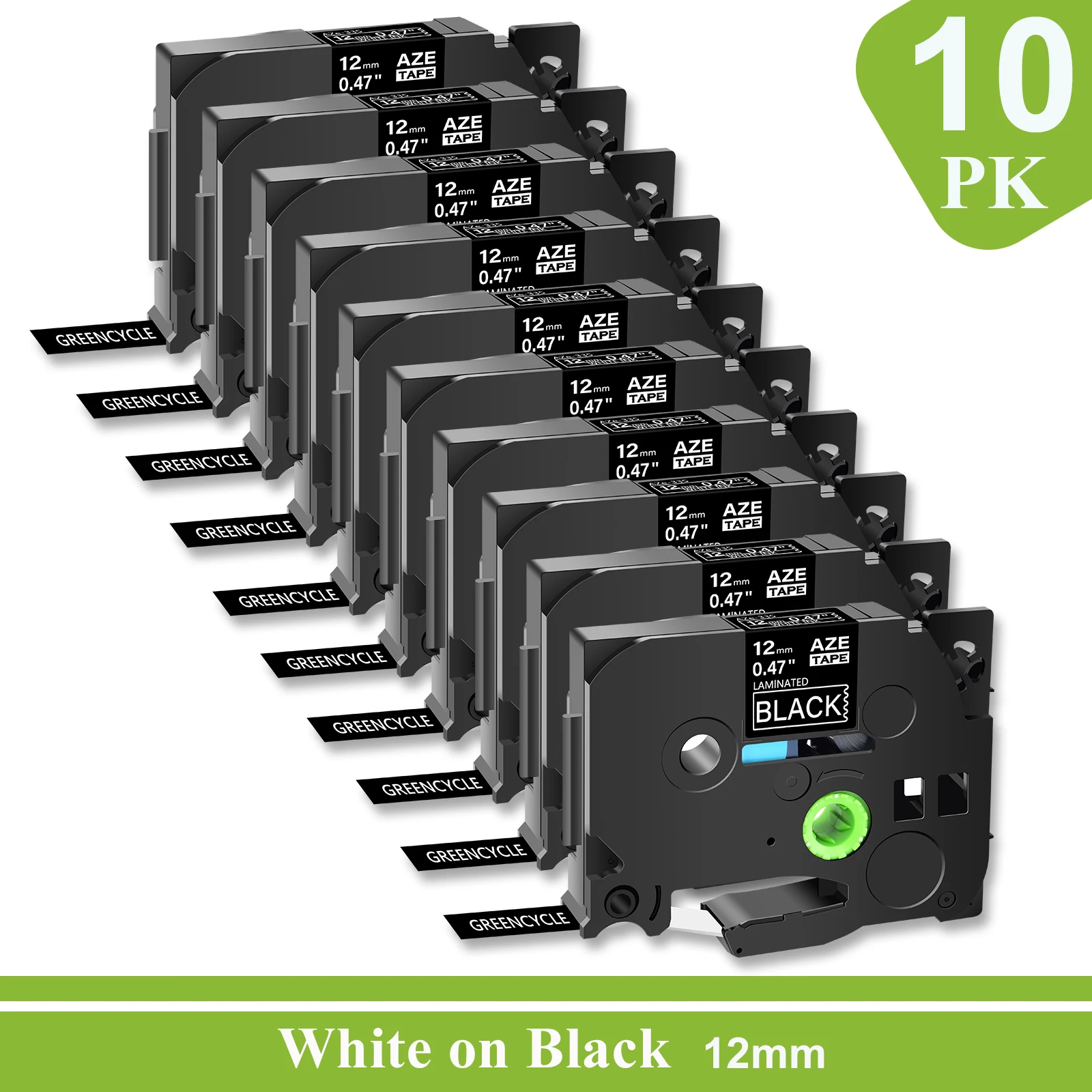 

10PK AZE-335 12mm Label Tape Compatible for Brother TZ TZe 335 P-Touch Label Printers White on Black Standard Laminated Ribbon