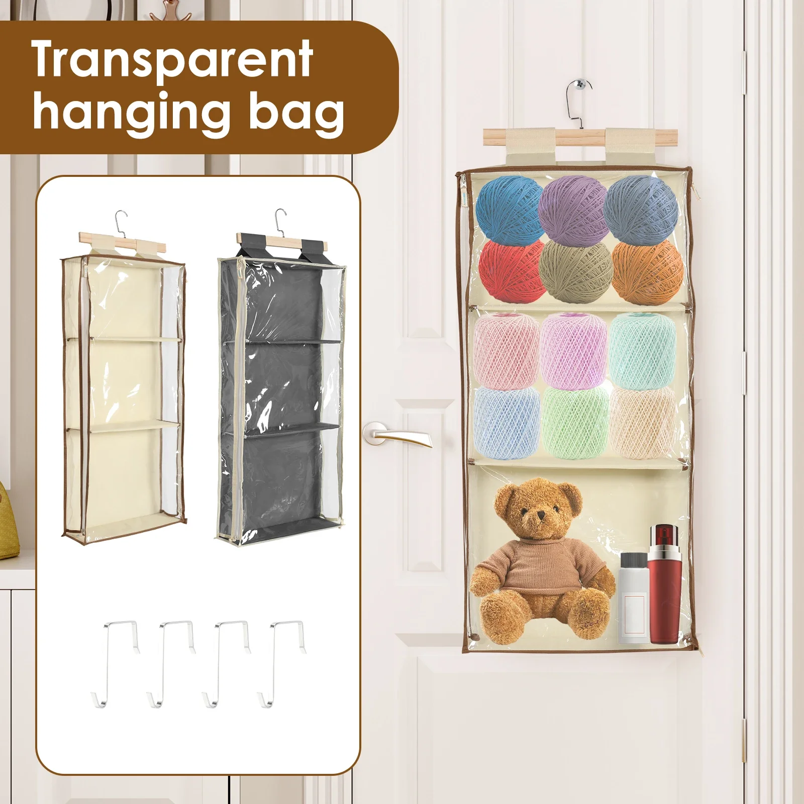 

Настенная сумка для хранения на дверь с крючками, 3-х отделений, подвесная пряжа для хранения, пылезащитный прозрачный органайзер для вязания, органайзер для хранения