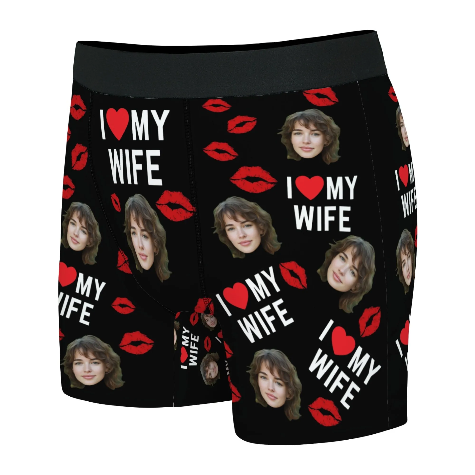 Romantyczny, słodki prezent na Walentynki dla męża - personalizowane bokserki z nadrukiem twarzy, czarne, z napisem \\\\\\\"Kocham MOJĄ ŻÓŁWĘ\\\\\\\" i czerwonym nadrukiem ust - wyjątkowy prezent.