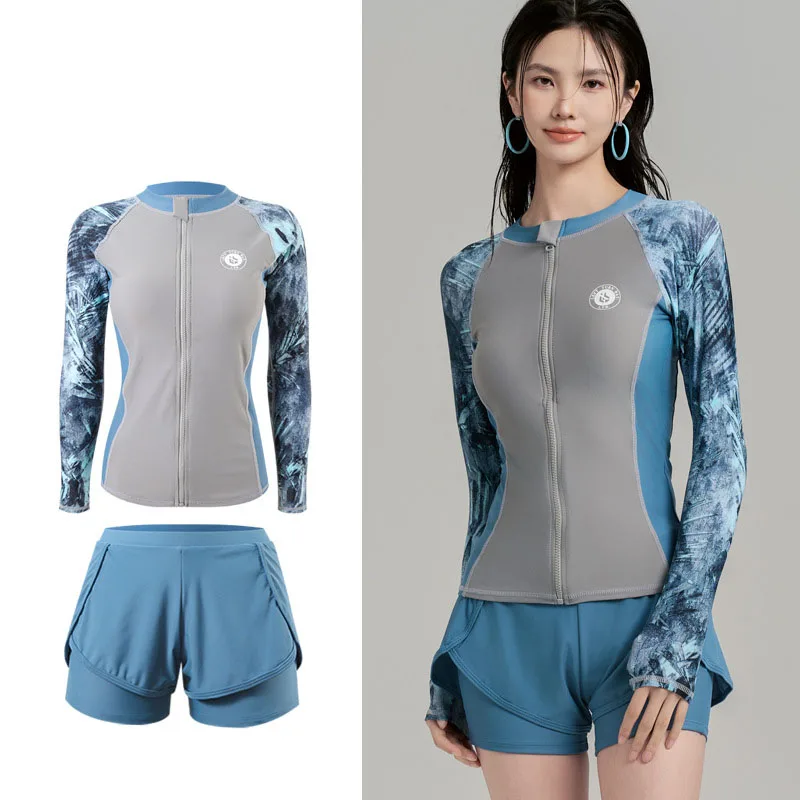 

Женский купальный костюм из двух предметов с длинным рукавом и молнией, спортивный купальник для серфинга, пляжная одежда, спортивный костюм для водного спорта