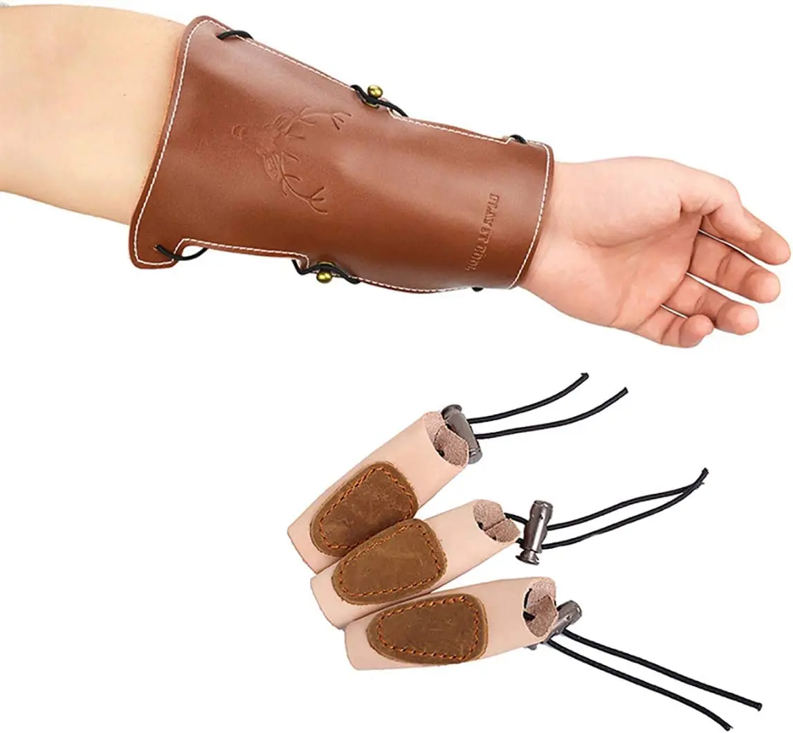 Archery Adjustable Protective Arm Guard Forearm Protector Armband + Finger Guard for Shooting Hunting