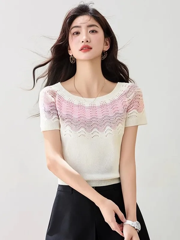 

Женская летняя модная трикотажная футболка с коротким рукавом, цветными блоками и волнообразным дизайном, из полиэфирного волокна, с круглым вырезом, стандартного кроя.