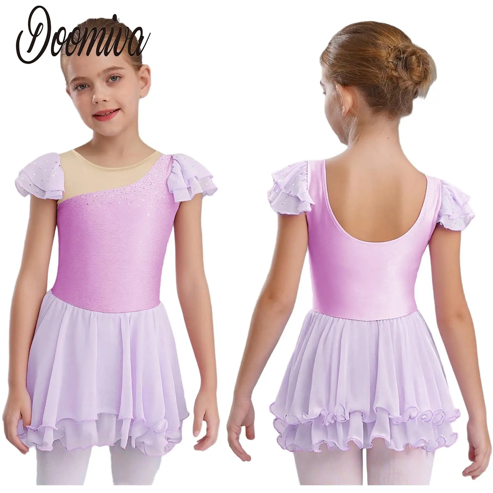 

Teen Girls Ballet Dance Dress Leotard Danncewear Bodysuits Patchwork Mesh Hem Rhinestones Tutu Dress for Performance Competition