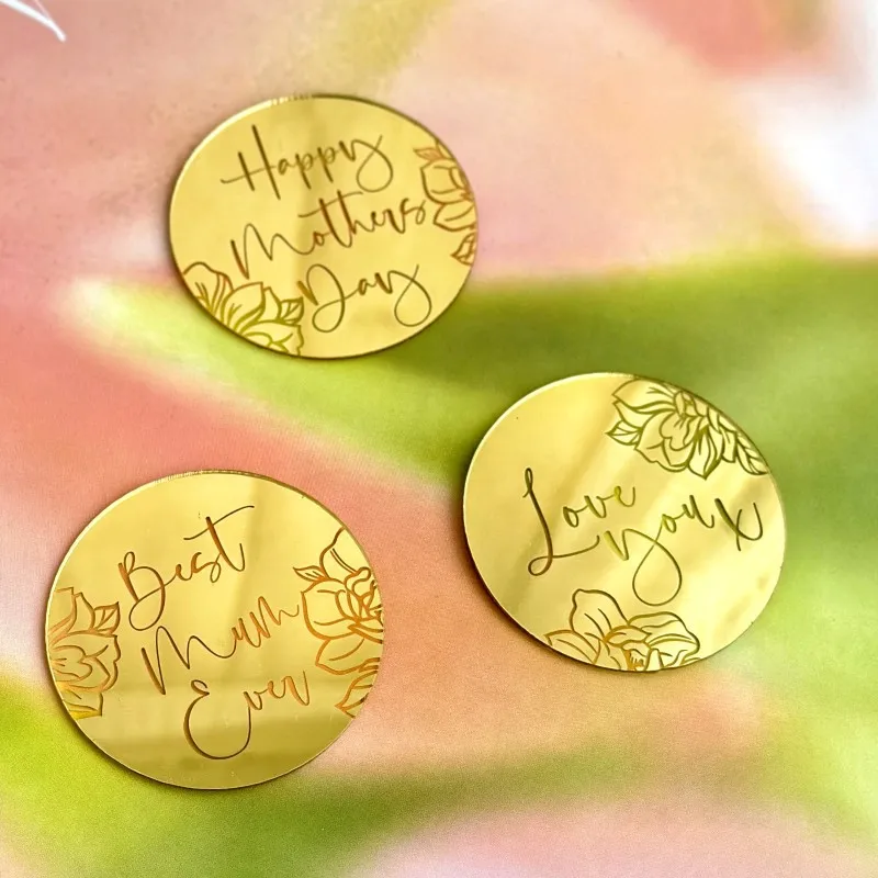 2025 New Mother\'s Day Cake Topper Golden Circular Acrylic Mom Birthday Party Cupcake Topper Dessert Decorations Baking Supplies