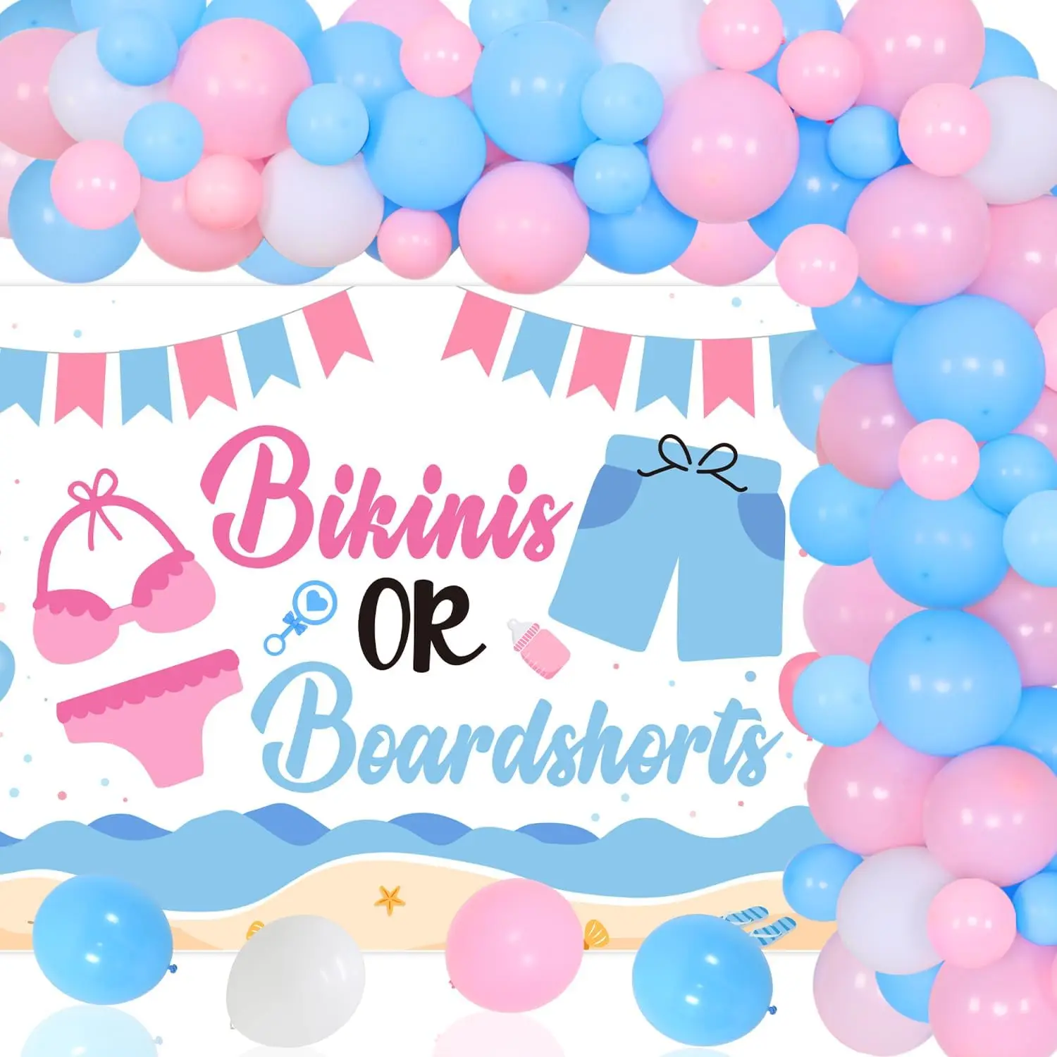 

Funmemoir Bikinis or Boardshorts Gender Reveal Decorations Pink Blue Balloon Garland Arch Beach Background Baby Shower Supplies