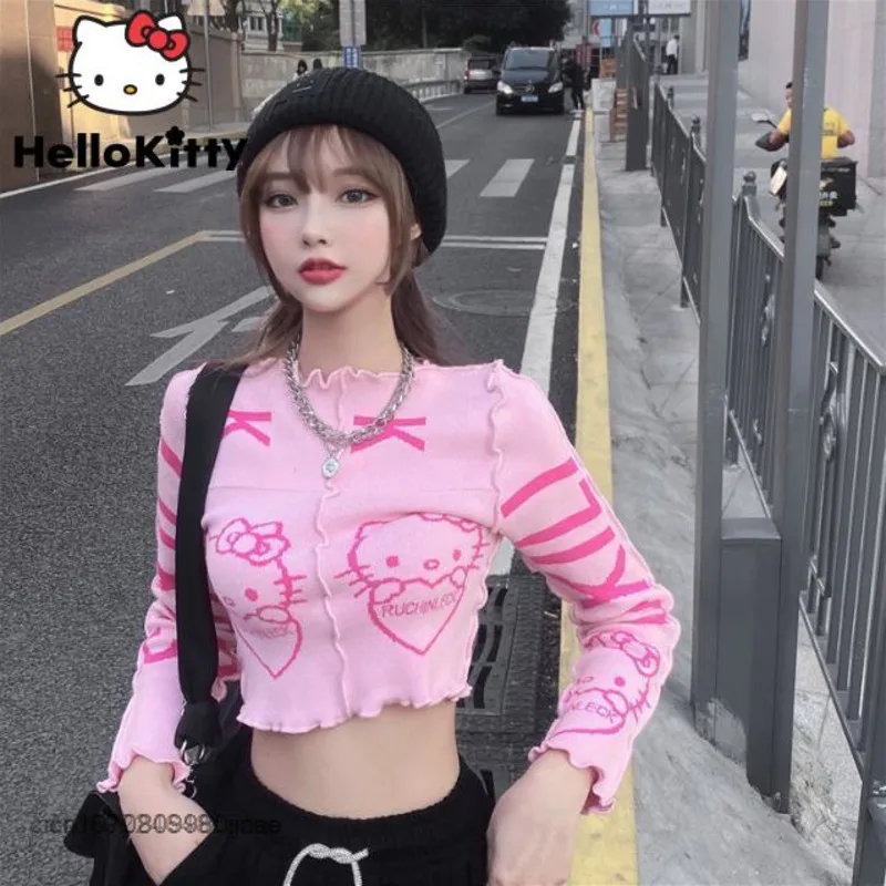 Sanrio Hello Kitty Pink Graphic Sweater Women's Autumn Slim Stitching Cartoon Shirt Kawaii Cute Short  Y2k Top Girls Clothes