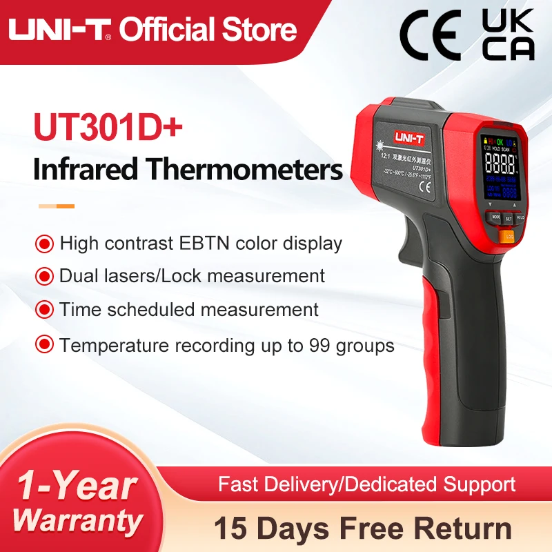 UNI-T cyfrowy termometr na podczerwień UT303D + przemysłowe bezkontaktowe termometry laserowy miernik temperatury pistolet-32 ℃-600 ℃ przechowywania danych