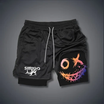 Shorts de fitness masculino com estampa de rosto sorridente, camada dupla 2 em 1, secagem rápida, fitness, lazer ao ar livre, treinamento, shorts esportivos
