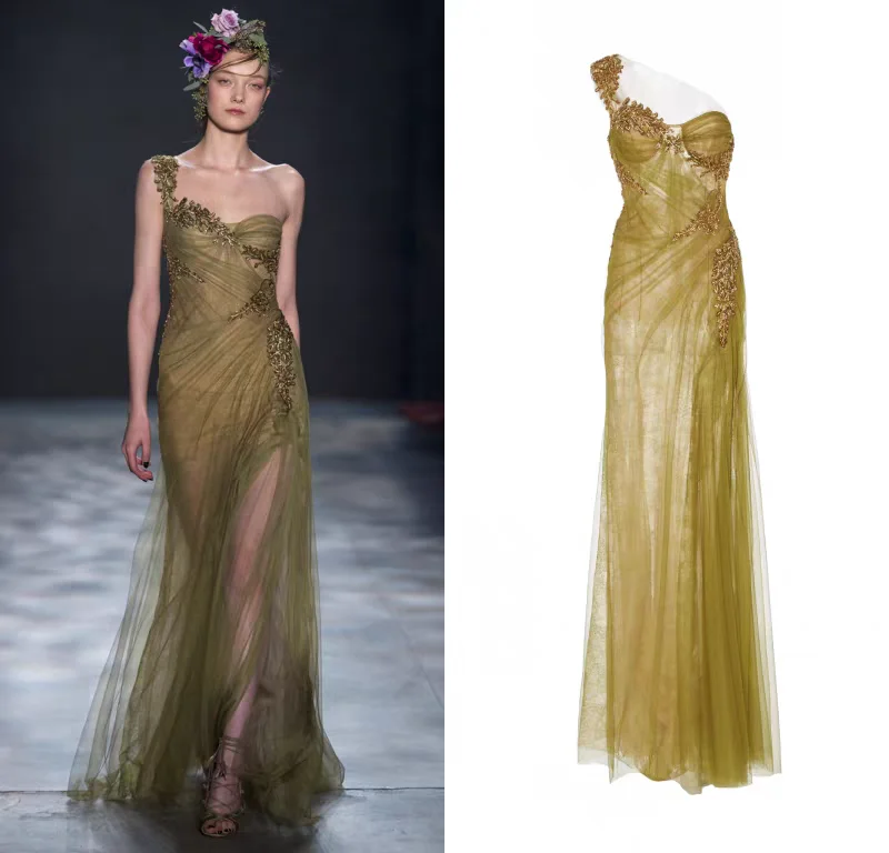 

Marchesa Sexy One Shoulder Western Style Evening Dress Slimming Tail Grey Blue for Wedding Toast Company Annual Meeting