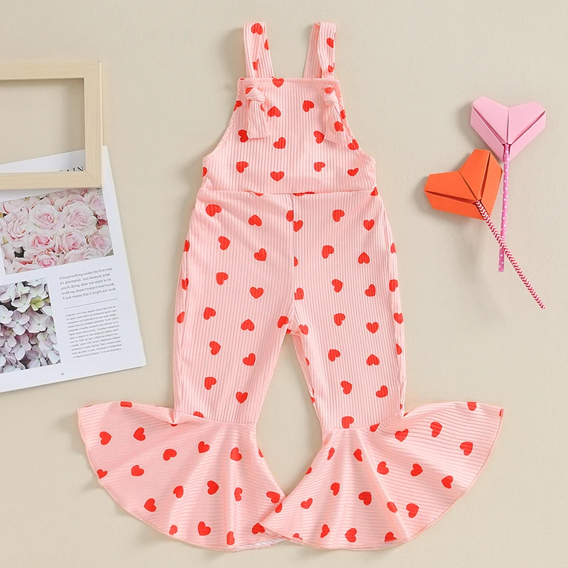 

Girls Heart Print Flare Pants Jumpsuit Cute Valentine s Day Outfit for Everyday Wear and Playful Adventures