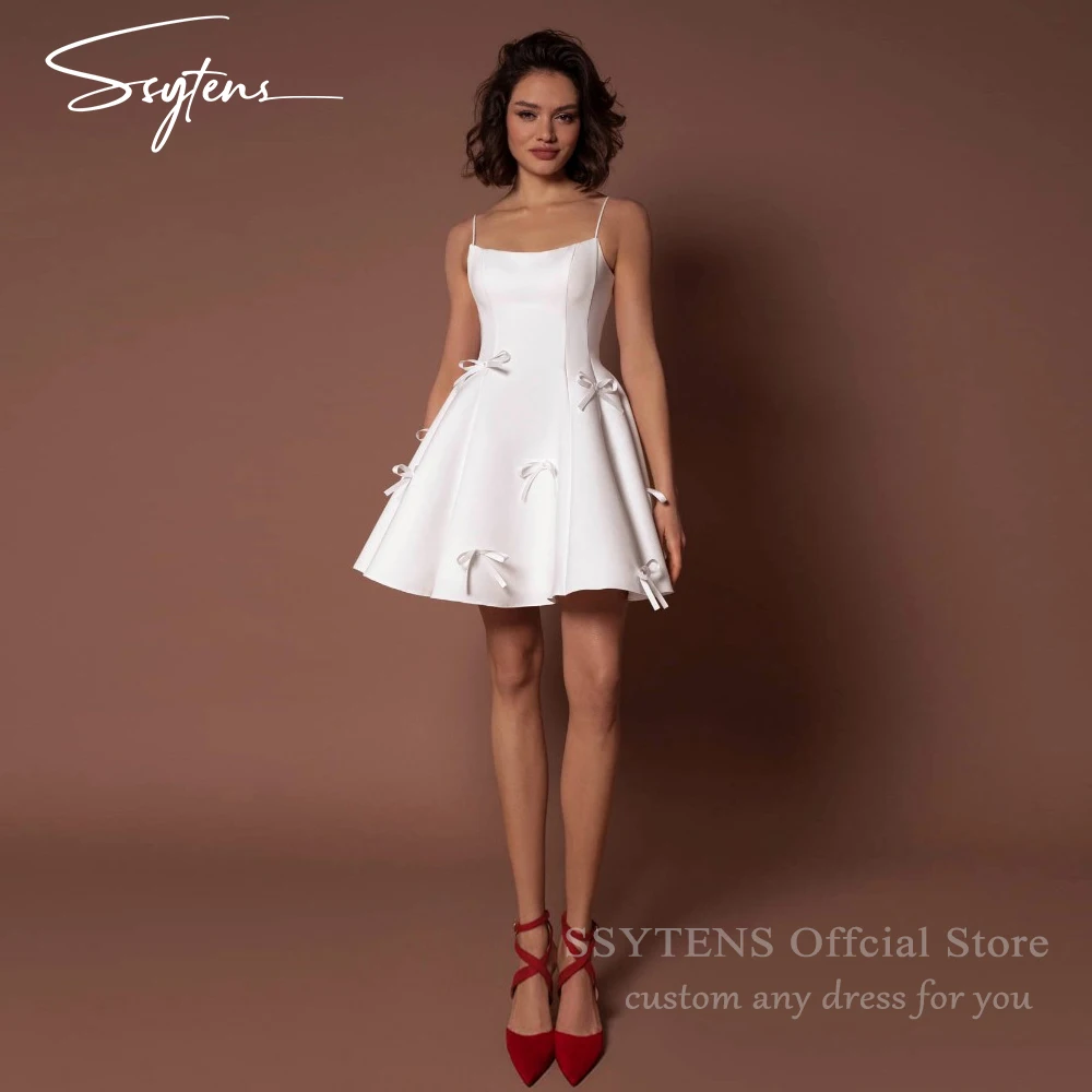 

SSYTENS Mini Ivory Satin Wedding Dresses Spaghetti Straps Bridal Gowns Women A line Short Bow Engagement Party Dress Customized