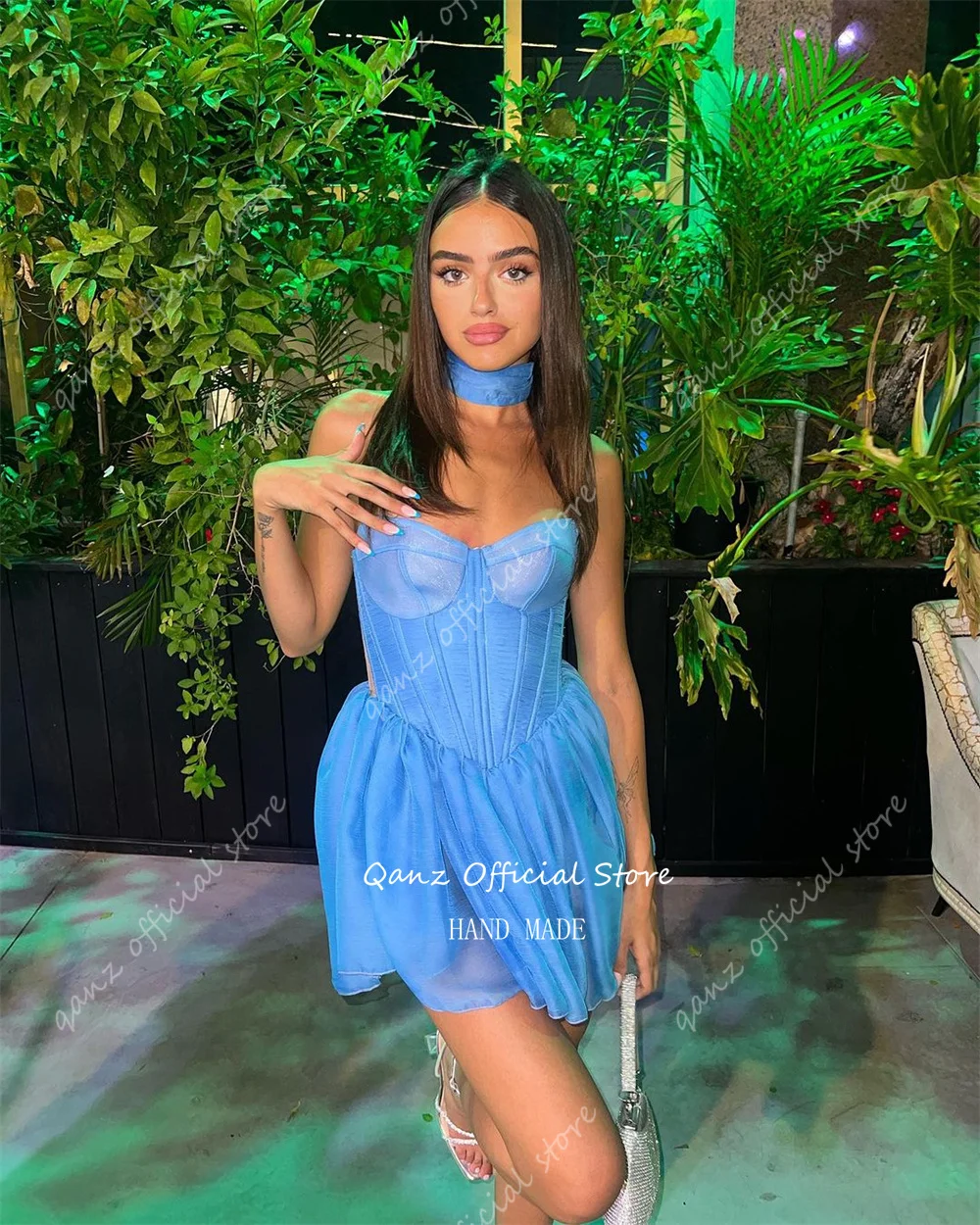 Qanz Sexy Cocktail Dresses Sweetheart Chiffon Short Homecoming Dresses Mini Blue A Line Corset Back Dress Party Night Customized