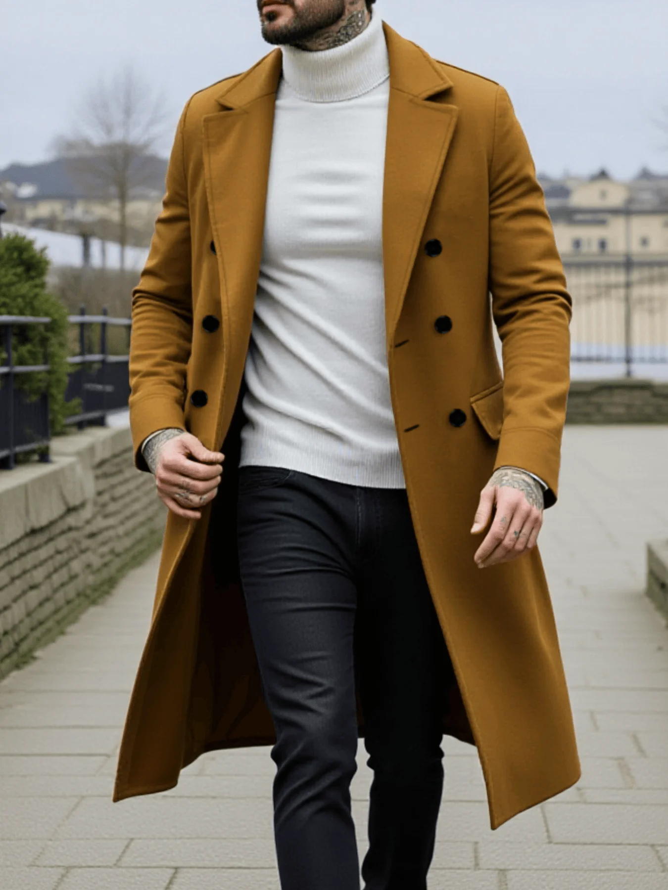 

Новое двубортное полушерстяное пальто, утолщенный деловой повседневный плащ для осени/зимы, теплое пальто, мужская одежда