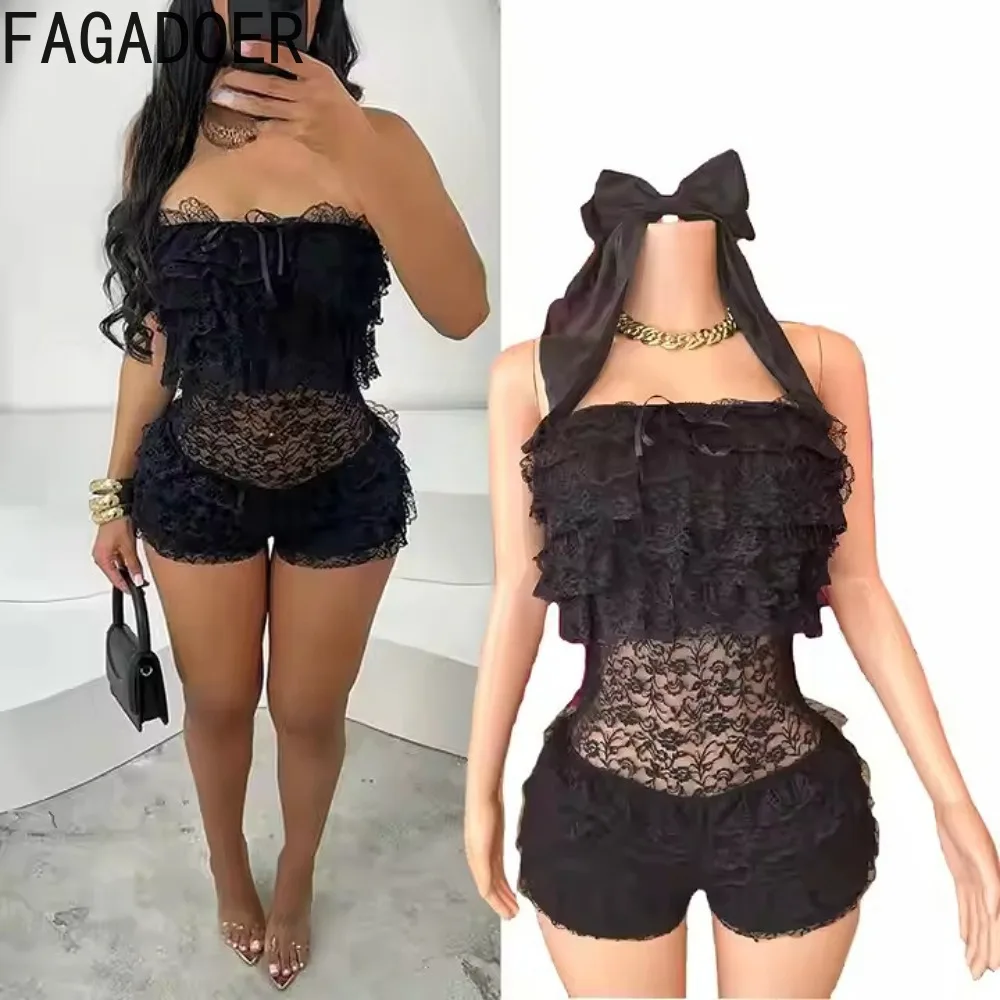 

FAGADOER Sexy Lace Tube Rompers Woman Black Wesh See Through Patchwork Bodycon Jumpsuits Hot Girl Party Clubwear Overalls New