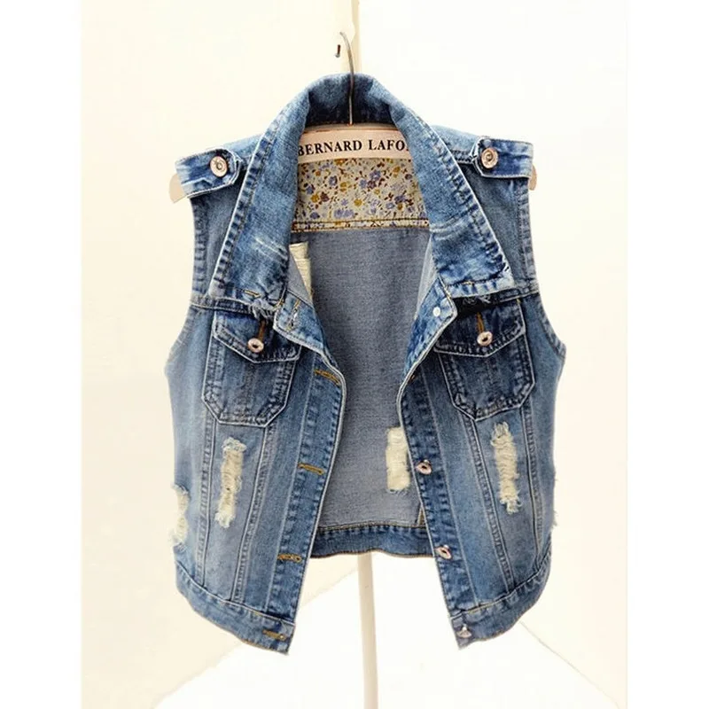 5XL Large Size Sleeveless Slim Hole Jeans Jacket Waistcoats Casual Tops Single Breasted Women Denim Jacket Vest Short Outerwear