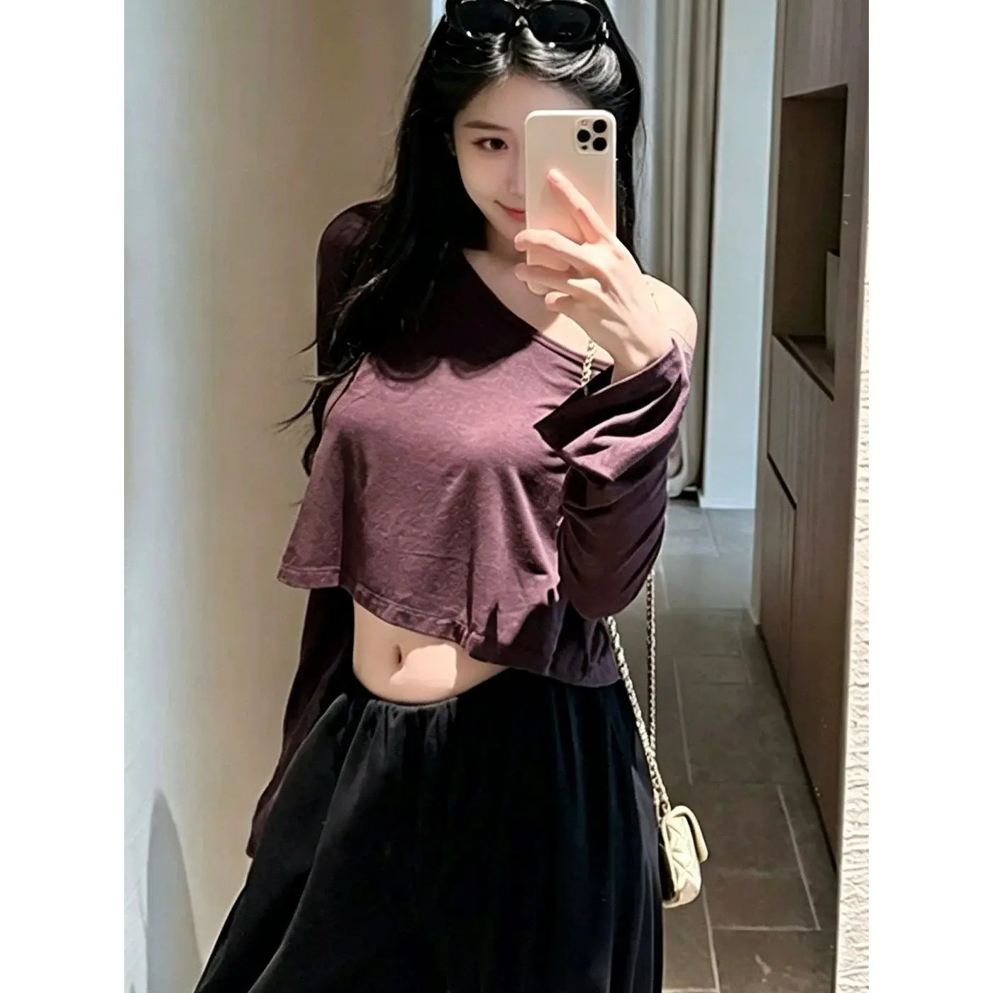American Style Spicy Girl Short Shoulder Bared Thin Long Sleeve T-Shirt Women Early Autumn New Versatile Belly Baring Commute...