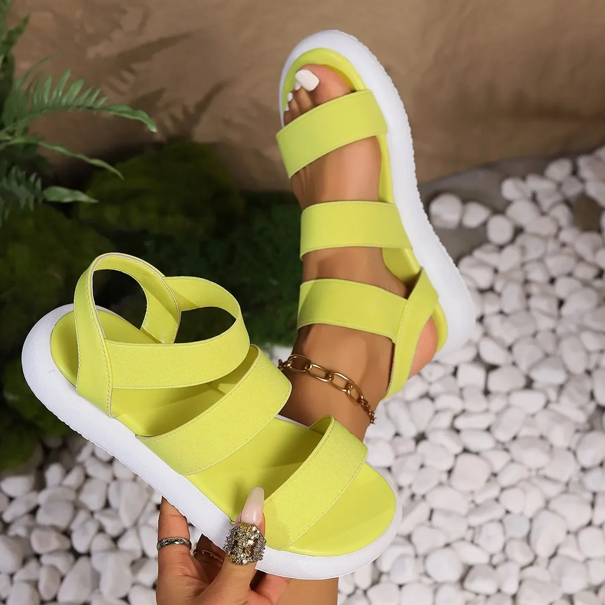 Sandalias con punta de plataforma abierta para mujer, zapatos de playa planos romanos para exteriores, Sandalias de gladiador informales de talla grande, Verano