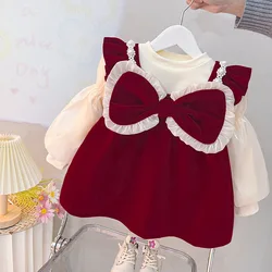 Toddler Girls Dresses Autumn Winter Baby Party Clothes Kids Plush Warm Shirt + Red Sundress Sets Bow Pearl Princess Dress Suit