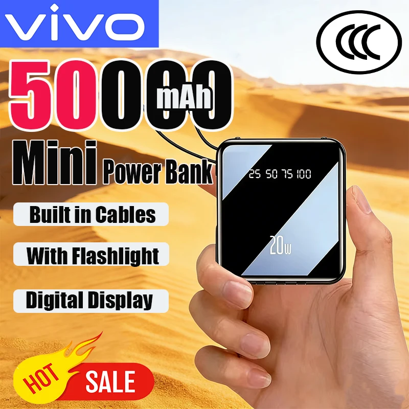

Внешний аккумулятор VIVO Mini 50000 мАч, портативное зарядное устройство с зеркальным LED-дисплеем, внешняя батарея для iPhone и Huawei, новинка 2026 года