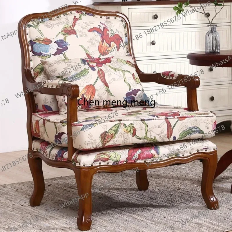 Luxury Solid Wood Chair Fabric American Balcony Back Support Chair Single Person Cadeiras De Sala De Estar Nordic Furniture