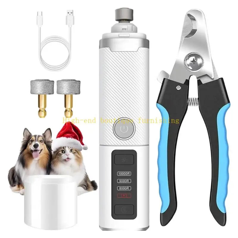 L9NB USB Rechargeable Pet File Set with LED Light, Three-Mode Handheld Grooming Device, Cutter and Charging Cable
