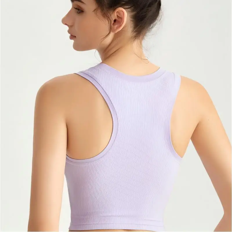 Women Yoga Crop Tank Top Round Neck Sleeveless Sports Bra High Elastic Seamless Fixed Cup Sports Vest Quick Drying Underwear