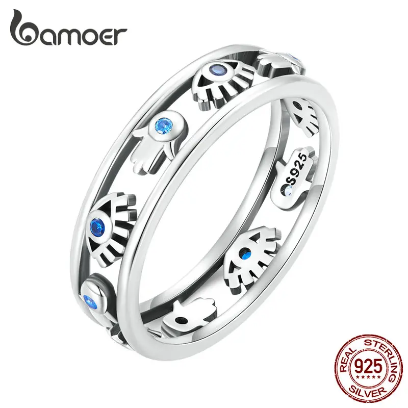 Bamoer 925 Sterling Silver Hollow-out Symbol Guardian Ring Fatima's Hand Devil Eye Finger Ring for Women Lucky Jewelry SCR900