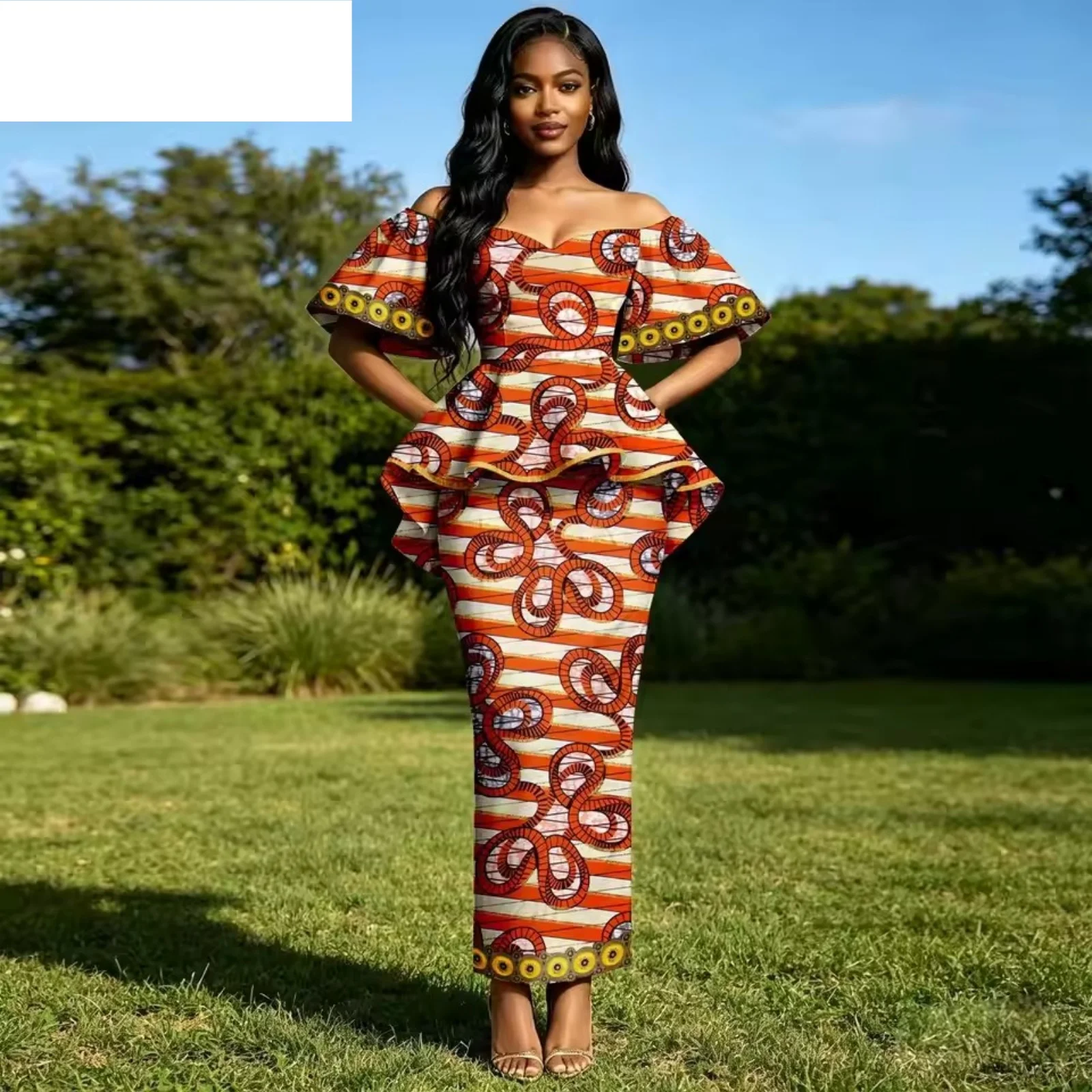 Women's African Ankara Attire Off-Shoulder Flare Sleeve Embroidery Shirts with Midi Skirts Set Print Outfits for Special Occasio