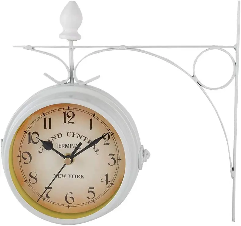 Retro Wall Double-Sided Hanging Antique-Look Metal Iron Wall Hanging Mute Clock Outdoor Living Room Bracket Clock