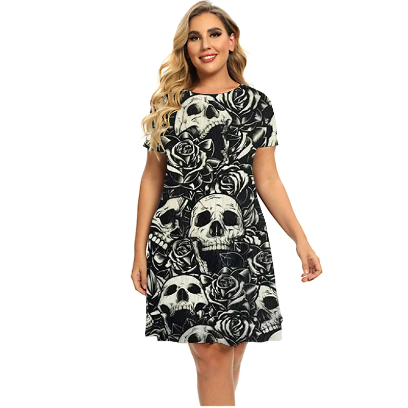 Fashion Gothic Style Terror White Skulls Dresses Women Bohemian Pattern 3D Print Dress Short Sleeve Loose Plus Size Clothing 6XL