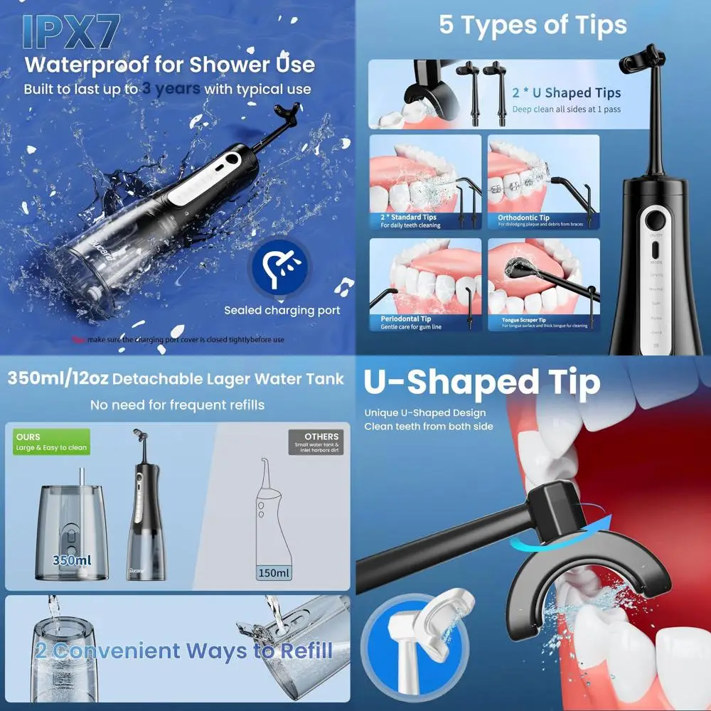 

Портативный перезаряжаемый ирригатор U-образной формы с 5 режимами, 7 насадками, резервуаром на 350 мл для глубокой чистки зубов и брекетов