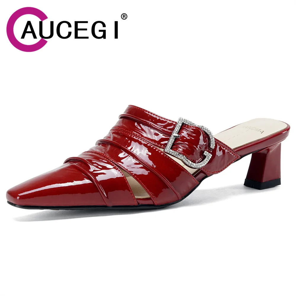 Aucegi 2026 New Summer Women Genuine Leather Chic Square Toe Mules Modern Buckle Rhinestone Chunky Heel Party Dress Shoes