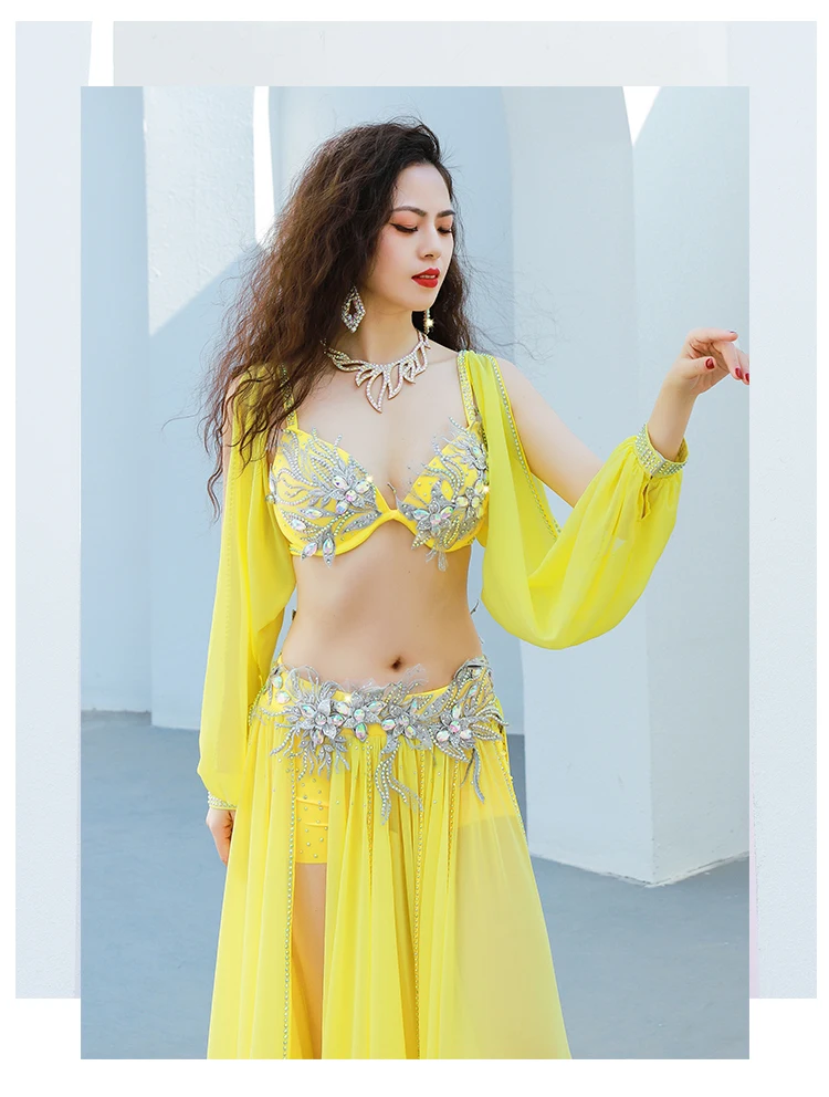 Egyptian Belly Dance Costume Set Women Oriental Dance Outfit Group Competition Diamond Popsong Costume Floral Long Maxi Skirt