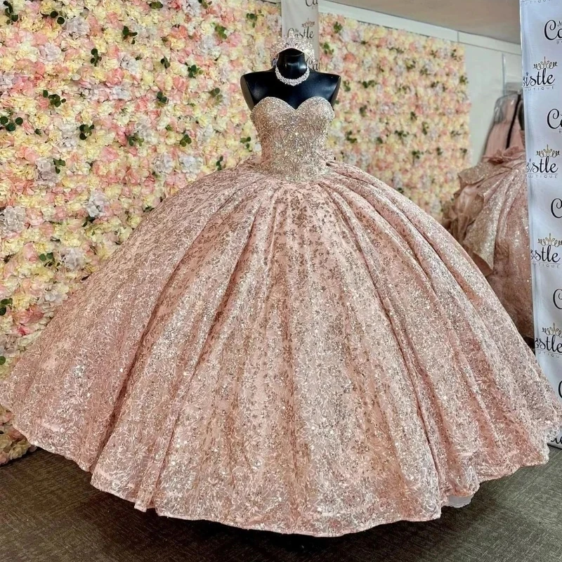 

Pink Shiny Quinceanera Dress 2024 Ball Gown Beads Big Bow Tull For Sweet 16 15 Sequined Princess Vestidos De XV 15 Anos