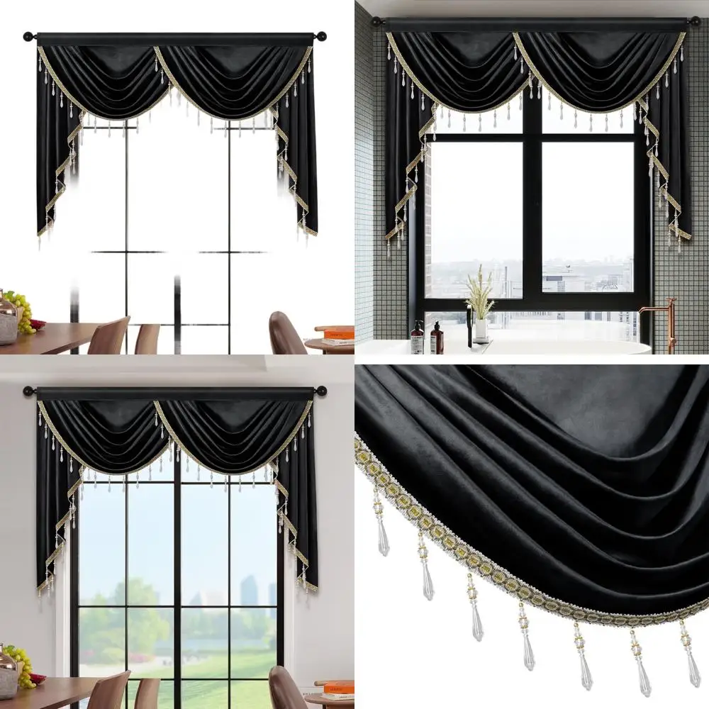 

Elegant Black Velvet Living Room Curtain Valance with Beaded Trim, 59 Single Panel