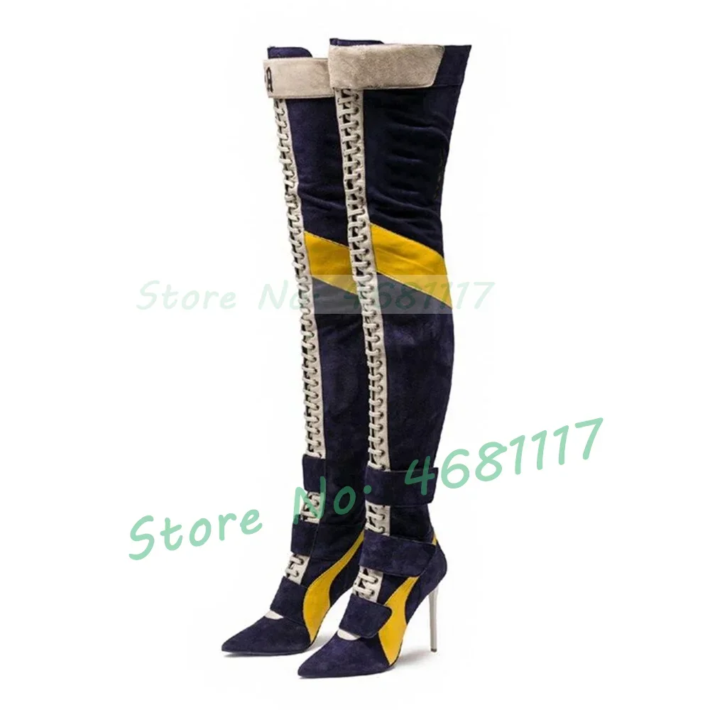 Multicolor Suede Thigh High Boots Women Trendy Front Cross Tied Winter Heels Belt Boots Point Toe Patchwork Catwalk Long Shoes