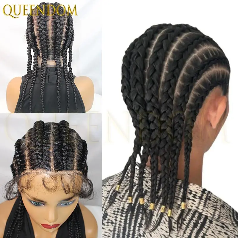 

20 дюймов Jumbo Knotless Box Плетеные парики Синтетический Cornrow Полный парик шнурка с детскими волосами для чернокожих женщин Коса Парик из искусственных локонов