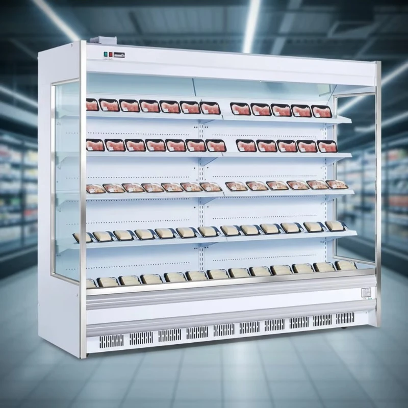 

Wide Open Refrigerated Display Case Customized Wind Curtain Design With Storage Separator For Large Bakery And Pizza Shop