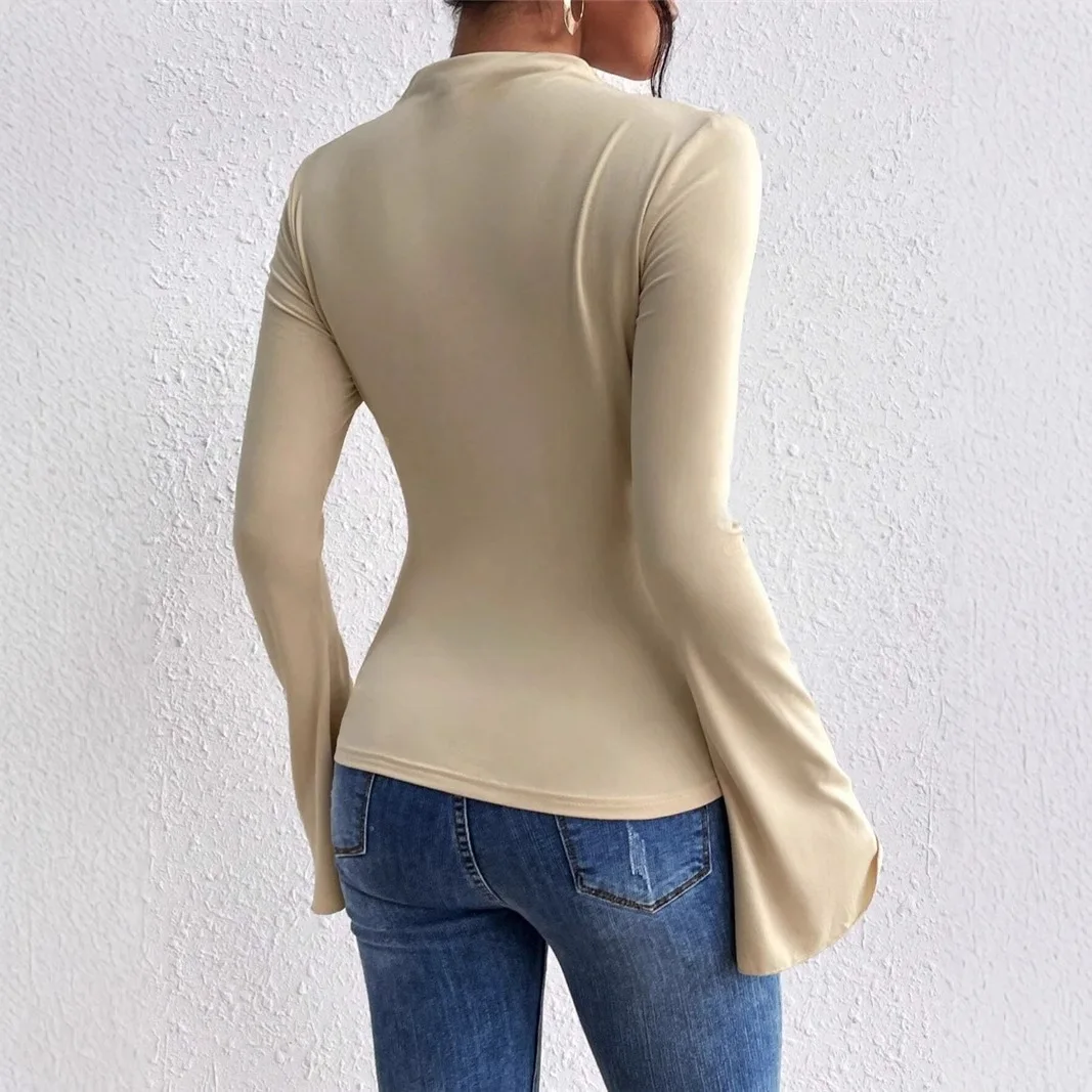Casual Pleated Mock Neck Long Sleeve T-shirt for Women Autumn Spring Solid Color Ruched Skinny Slim Fit Blouse Top Tshirt