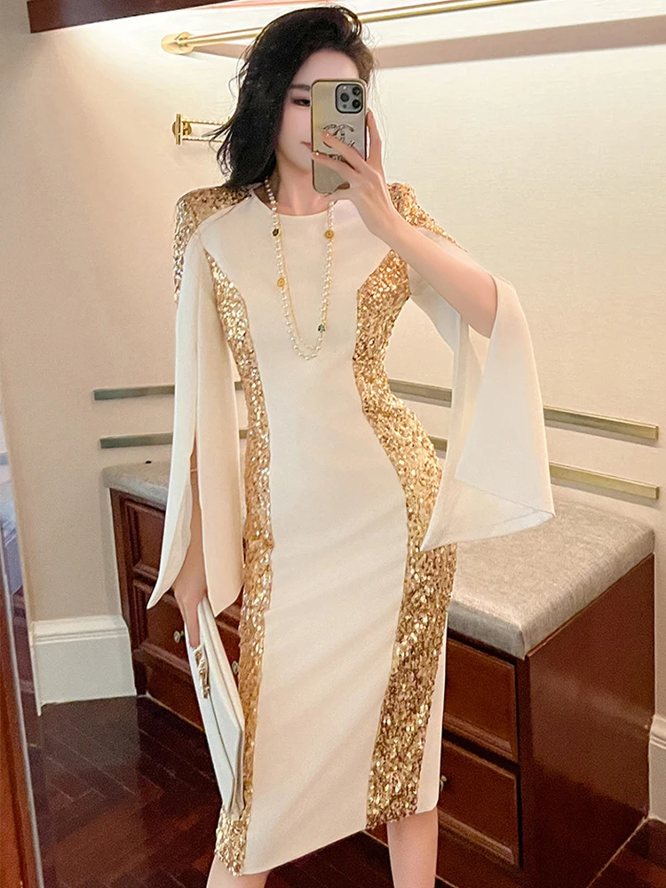 Exquisite Host Banquet Evening Dress Women 2024 Luxury Style Gold Sequins White Slim Robe Femme Party Prom Vestidos Catwalk Gown