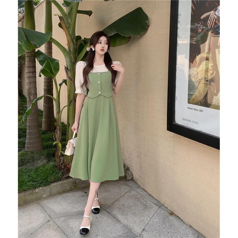 MEXZT Sweet Elegant Dress Women Patchwork Puff Short Sleeve A Line Midi Dress Korean Summer Empire Slim All Match Vestidos New