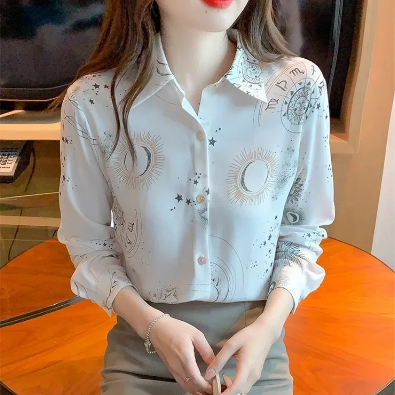 Office Lady Geometric Printing Turn-down Collar Lantern Long Sleeve Button Up Cardigan Shirt Women\'s Clothing Spring Autumn Tops